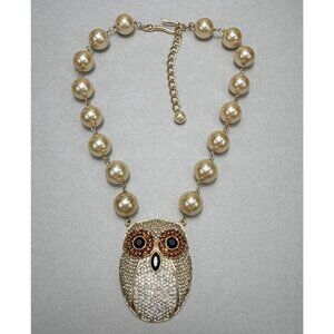 Akkad Signed Owl Pendant Necklace Faux Pearls Rhinestones Gold Tone